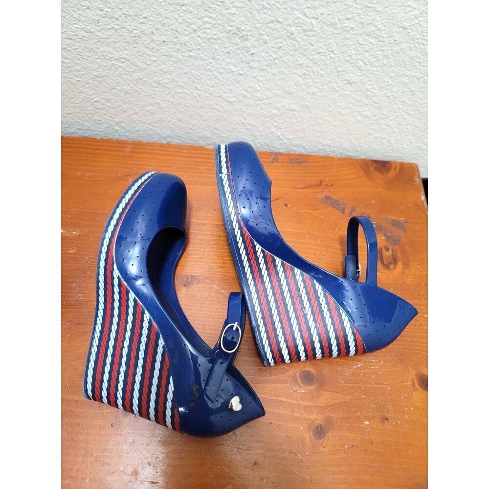 Melissa Blue Wedge Sandals with Striped Heel - Picture 7 of 12